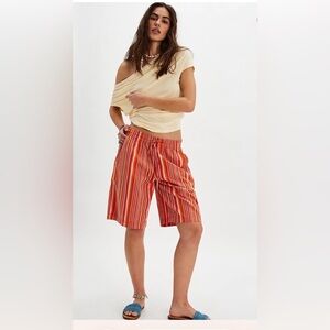 NWT FREE PEOPLE Saylor Poplin Striped Shorts in Mango Combo